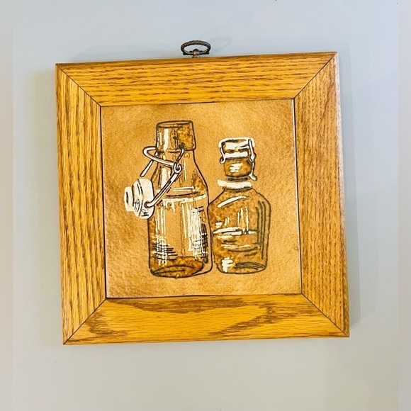 Vintage Tile Wall Decor Wood Frame 8x8” Ceramic Trivet Bottles Oil Vinegar Italy - Picture 2 of 5